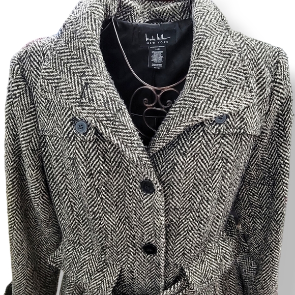 Nicole Miller Coat Womens Sz L Black Tan Herringbone Classic Chic Casual Winter - Picture 4 of 11